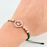 Pulsera Tejida Verde Circulo Corona Bolas Diamantadas Oro Rosa 18K