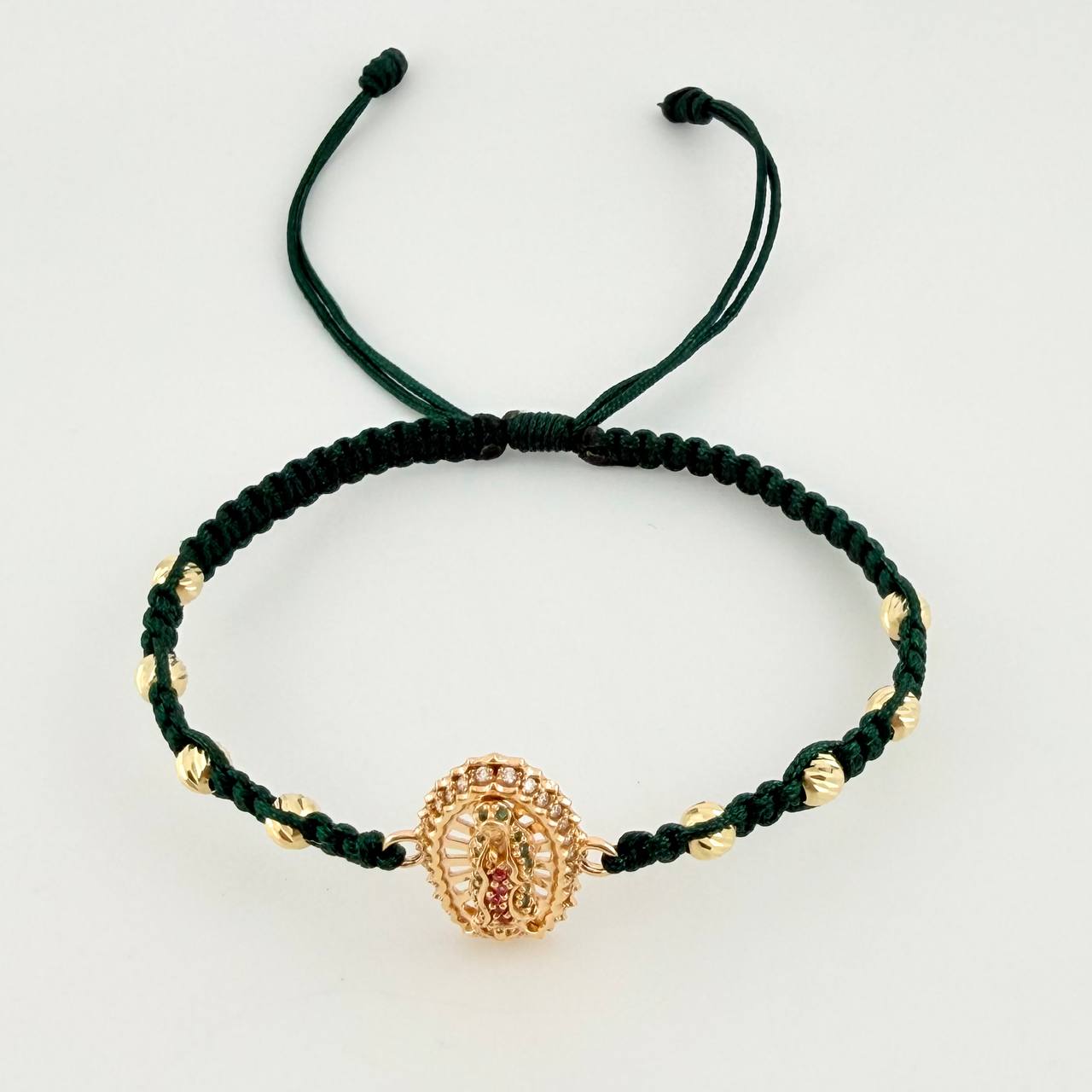 Pulsera Tejida Verde Virgen de Guadalupe Bolas Diamantadas Oro Amarillo 18K