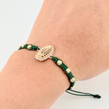 Pulsera Tejida Verde Virgen de Guadalupe Bolas Diamantadas Oro Amarillo 18K