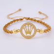 Pulsera Tejida Cafe Circulo Corona Bolas Diamantadas Oro Amarillo 18K