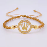 Pulsera Tejida Cafe Circulo Corona Bolas Diamantadas Oro Amarillo 18K