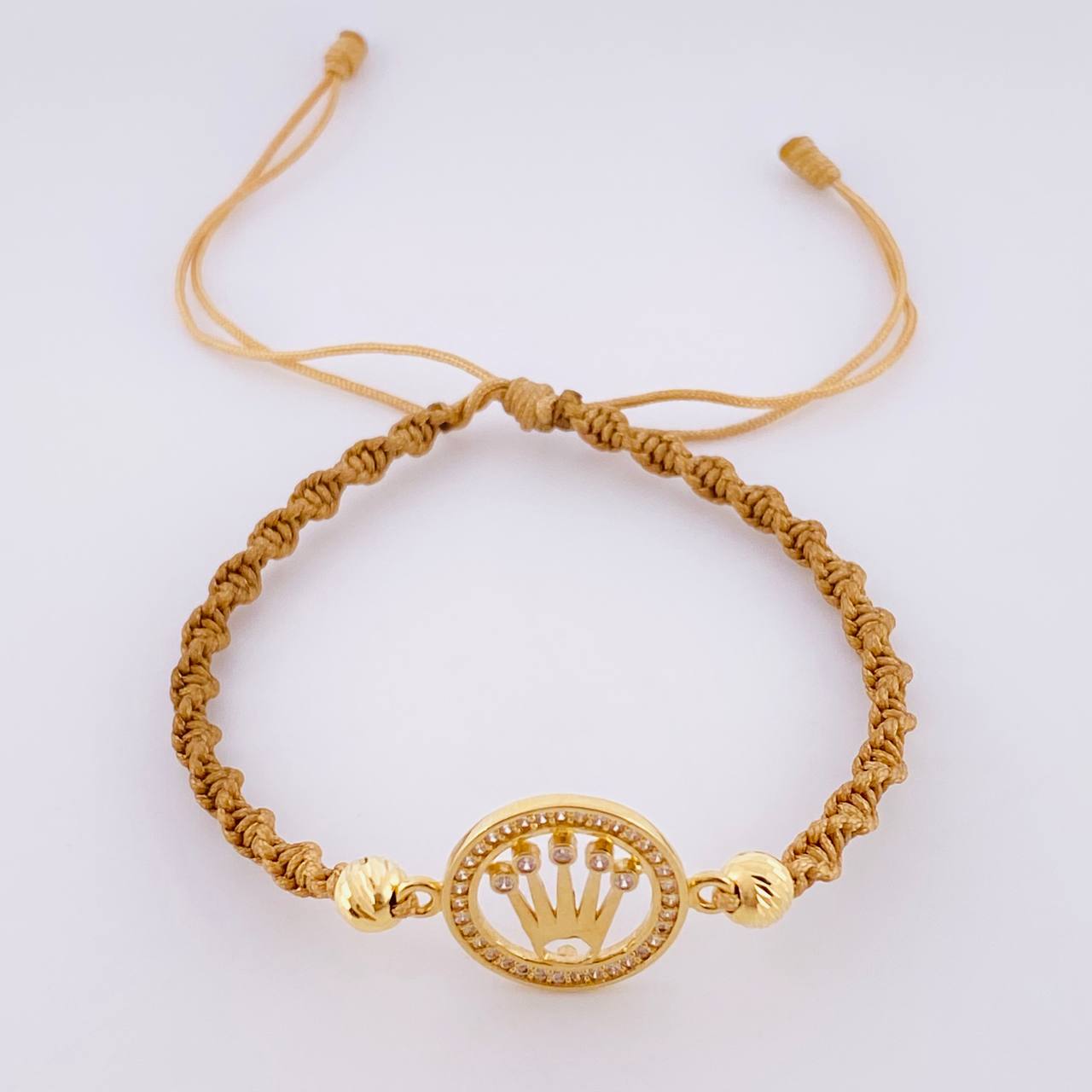 Pulsera Tejida Cafe Circulo Corona Bolas Diamantadas Oro Amarillo 18K