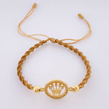 Pulsera Tejida Cafe Circulo Corona Bolas Diamantadas Oro Amarillo 18K
