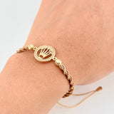 Pulsera Tejida Cafe Circulo Corona Bolas Diamantadas Oro Amarillo 18K