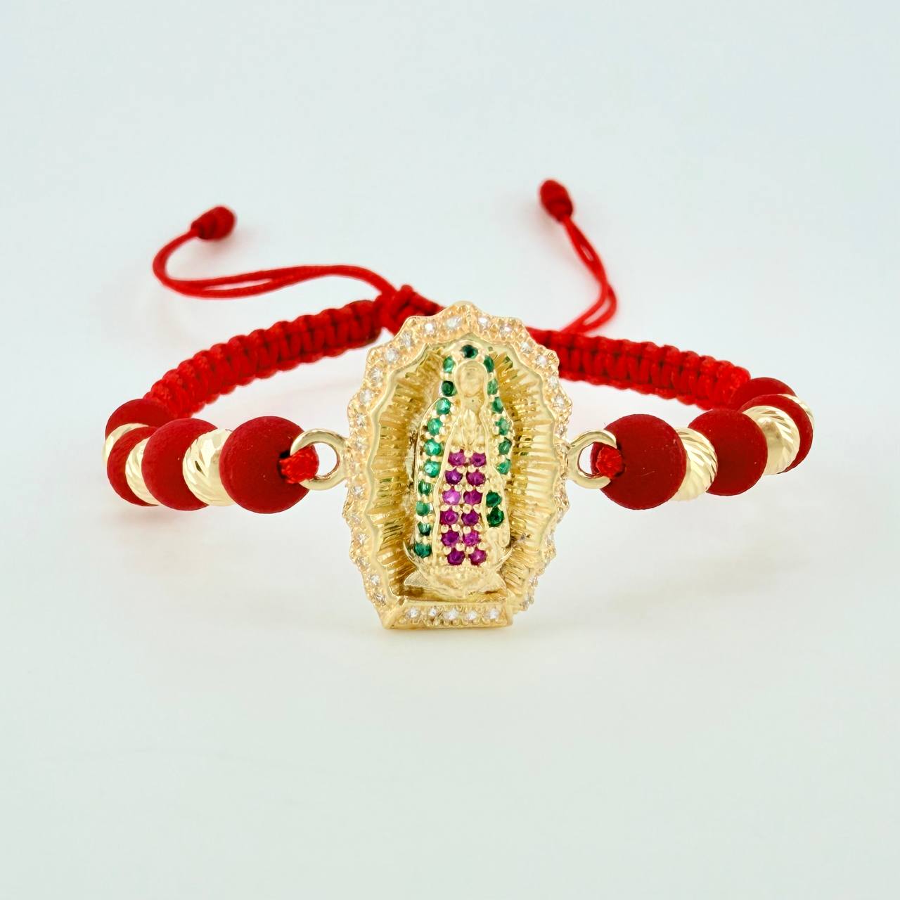 Pulsera Tejida Roja Virgen de Guadalupe Bolas Diamantadas Oro Amarillo 18K