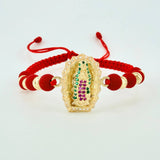 Pulsera Tejida Roja Virgen de Guadalupe Bolas Diamantadas Oro Amarillo 18K