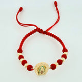 Pulsera Tejida Roja Virgen de Guadalupe Bolas Diamantadas Oro Amarillo 18K