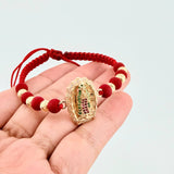 Pulsera Tejida Roja Virgen de Guadalupe Bolas Diamantadas Oro Amarillo 18K
