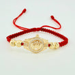 Pulsera Tejida Roja Correa Corona Bolas Diamantadas Oro Amarillo 18K