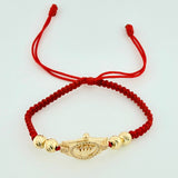 Pulsera Tejida Roja Correa Corona Bolas Diamantadas Oro Amarillo 18K