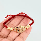 Pulsera Tejida Roja Correa Corona Bolas Diamantadas Oro Amarillo 18K