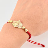Pulsera Tejida Roja Correa Corona Bolas Diamantadas Oro Amarillo 18K