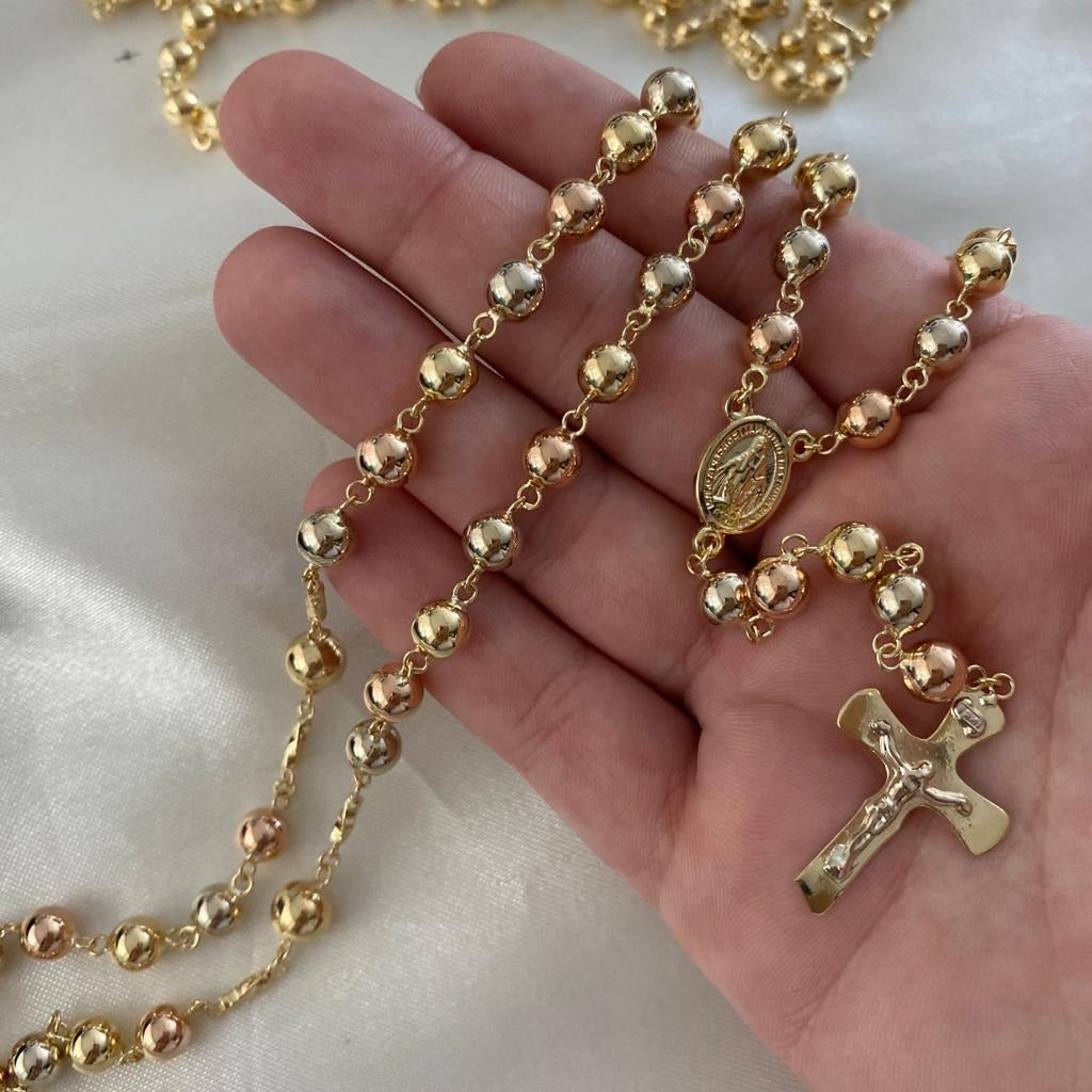 Rosario 21.35gr/65cm 6mm Virgen Milagrosa Bola Lisa Tres Oros