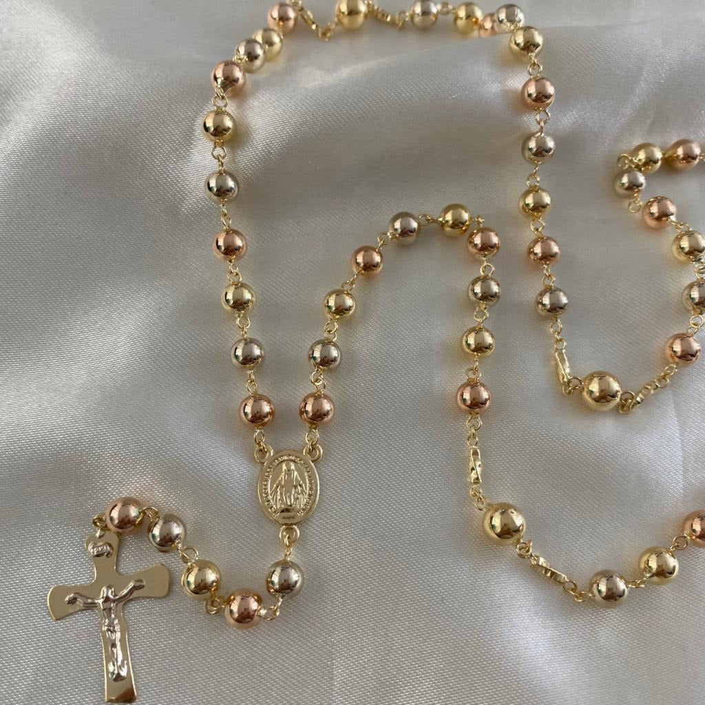 Rosario 21.35gr/65cm 6mm Virgen Milagrosa Bola Lisa Tres Oros