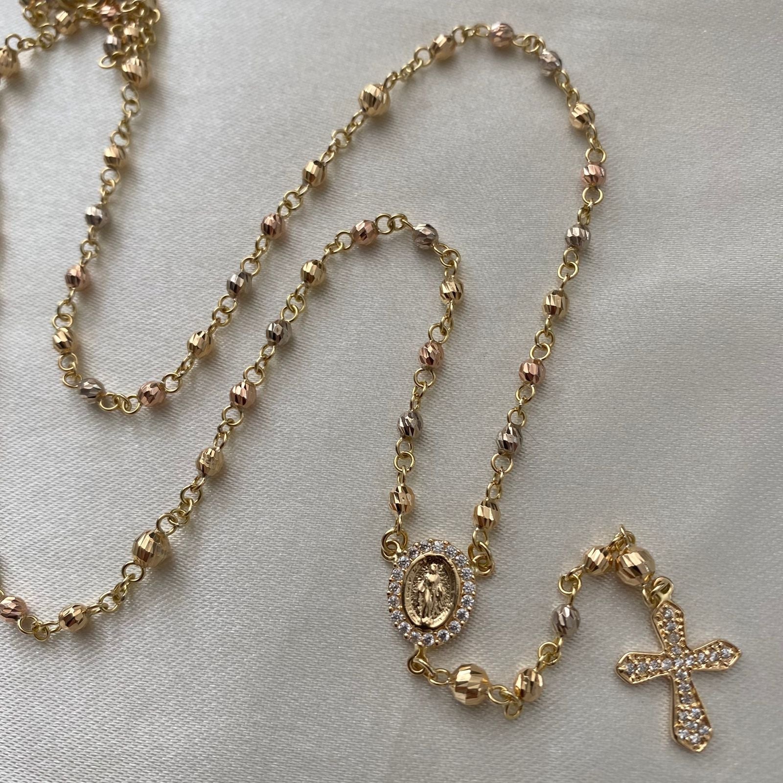 Rosario 10.35gr/50cm 3-4mm Virgen Milagrosa Bola Diamantada Tres Oros