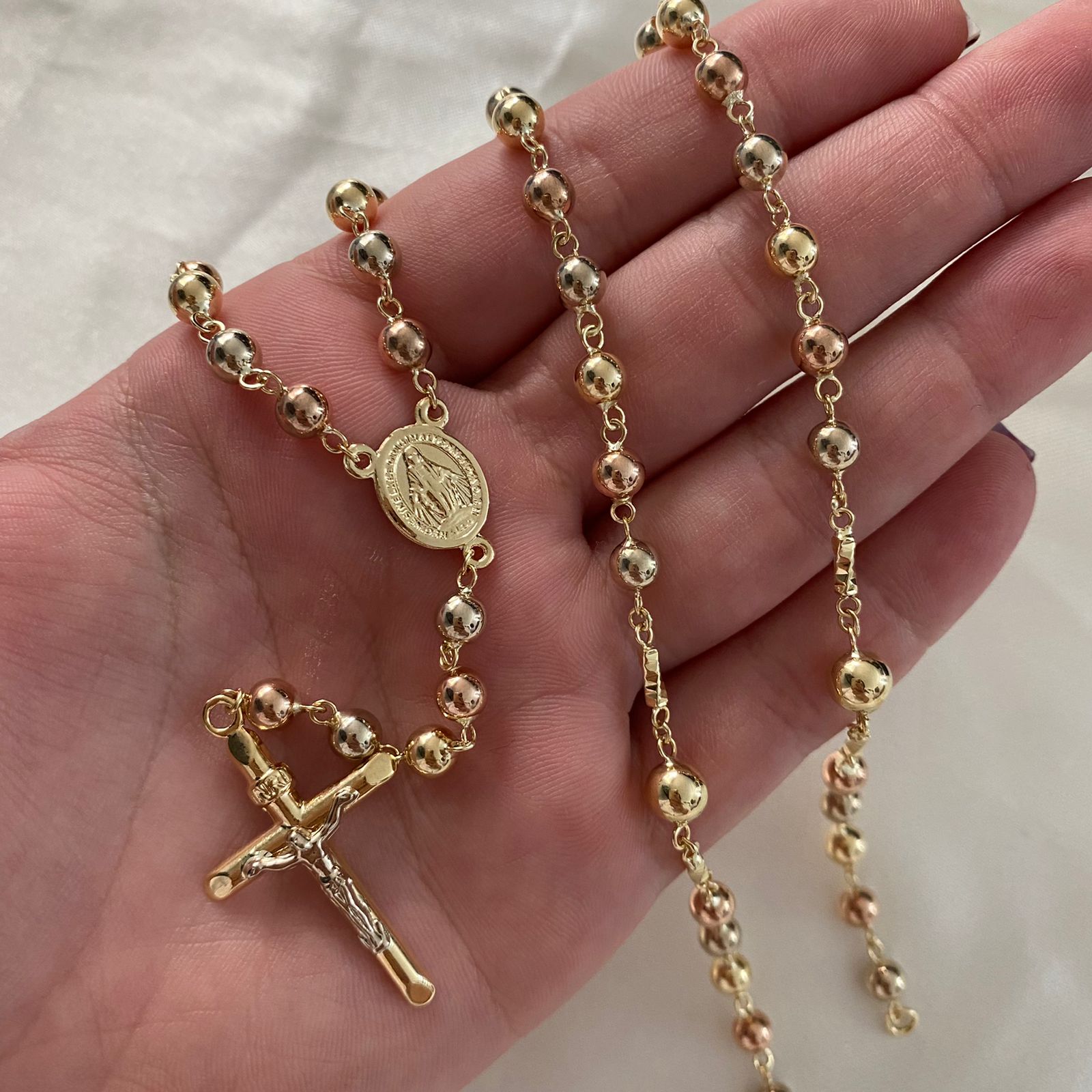 Rosario 17.6gr/60cm 5-6mm Virgen Milagrosa Bola Lisa Tres Oros