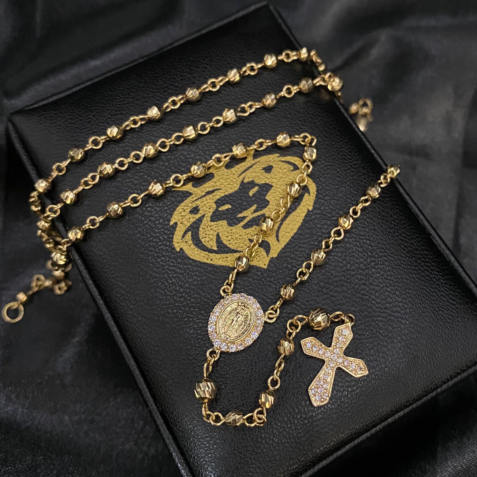 Rosario 10gr/50cm Virgen Milagrosa Bola 3-4mm Circones Blancos Diamantado Oro Amarillo