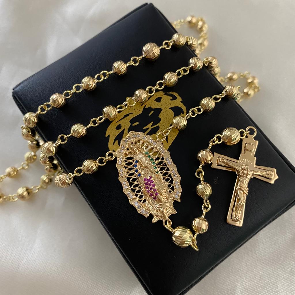 Rosario 25.8gr/65cm 5-6mm Virgen Guadalupe Bola Diamantada Circones Azules Rosas Verdes Oro Amarillo