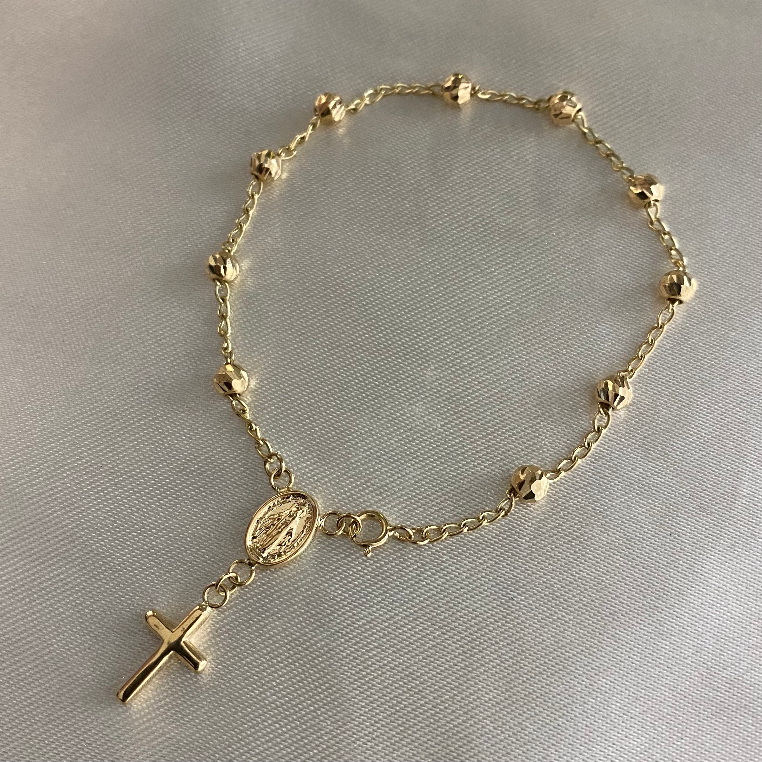 Pulso Denario 3.05gr/17.5cm Virgen Milagrosa Oro Amarillo Bolas Diamantadas