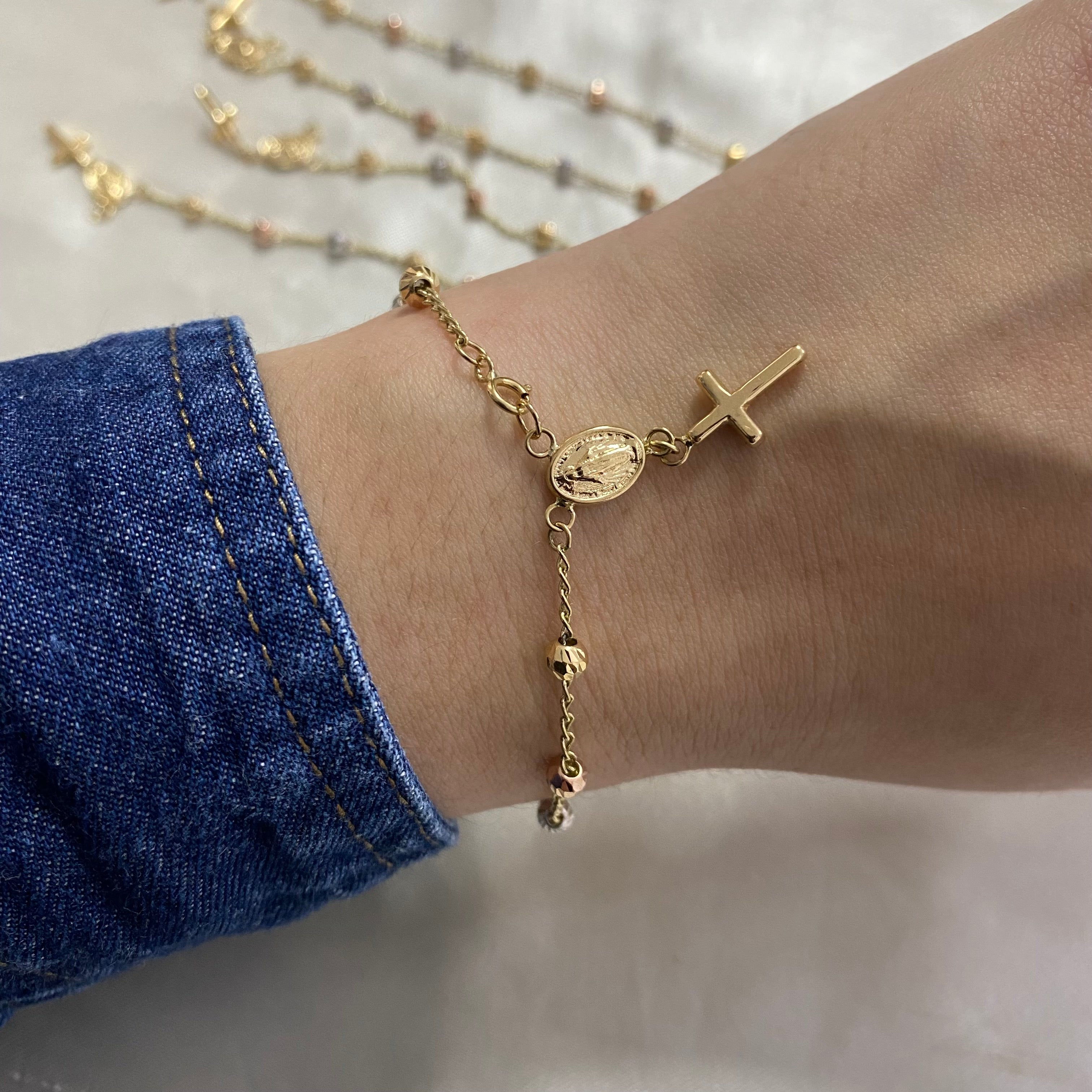 Pulso Denario 2.8gr/17cm Virgen Milagrosa Tres Oros Bolas Diamantadas