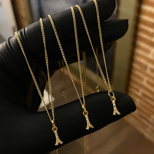 ¡¡OFERTA!! Set Cadena Mini Cubana 0.9gr/45cm + Dije Torre Eiffel 0.3gr