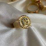 Anillo Caballo 3.85gr- T11 1/2 Herradura Circones Verdes  Oro Amarillo