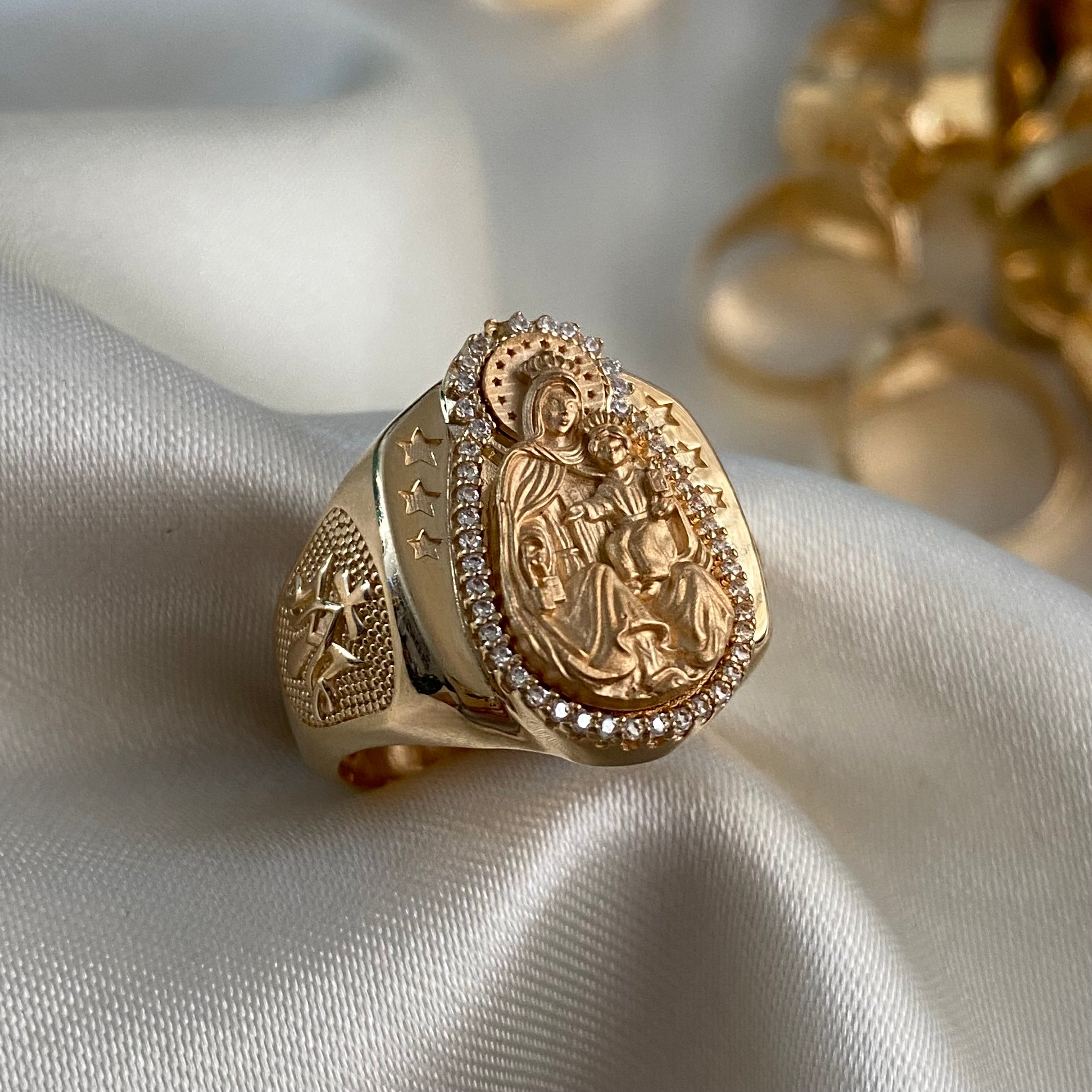 Anillo Virgen del Carmen 15.8gr-T11 Mate Circones Blancos Oro Amarillo