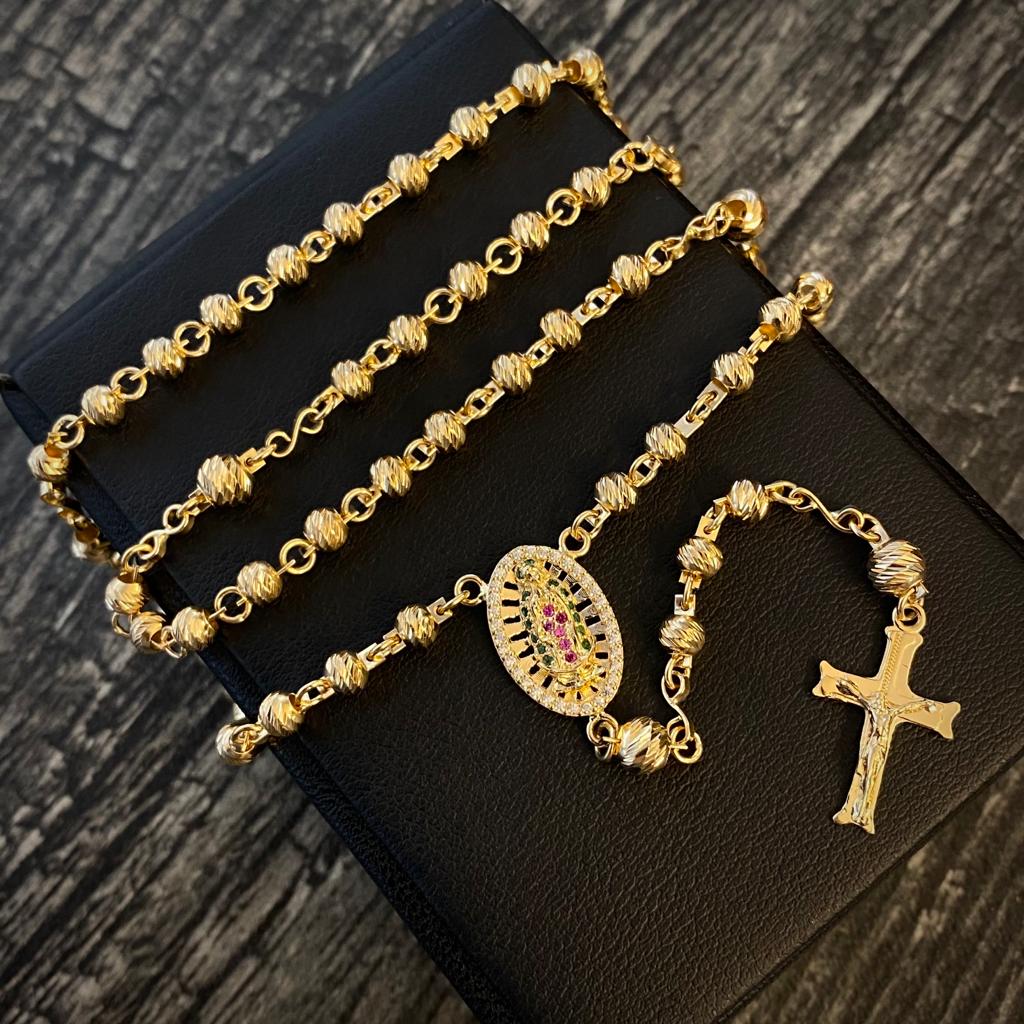 Rosario 19.95gr/47.5cm Virgen de Guadalupe Bola Diamantada 3-4mm Oro Amarillo*