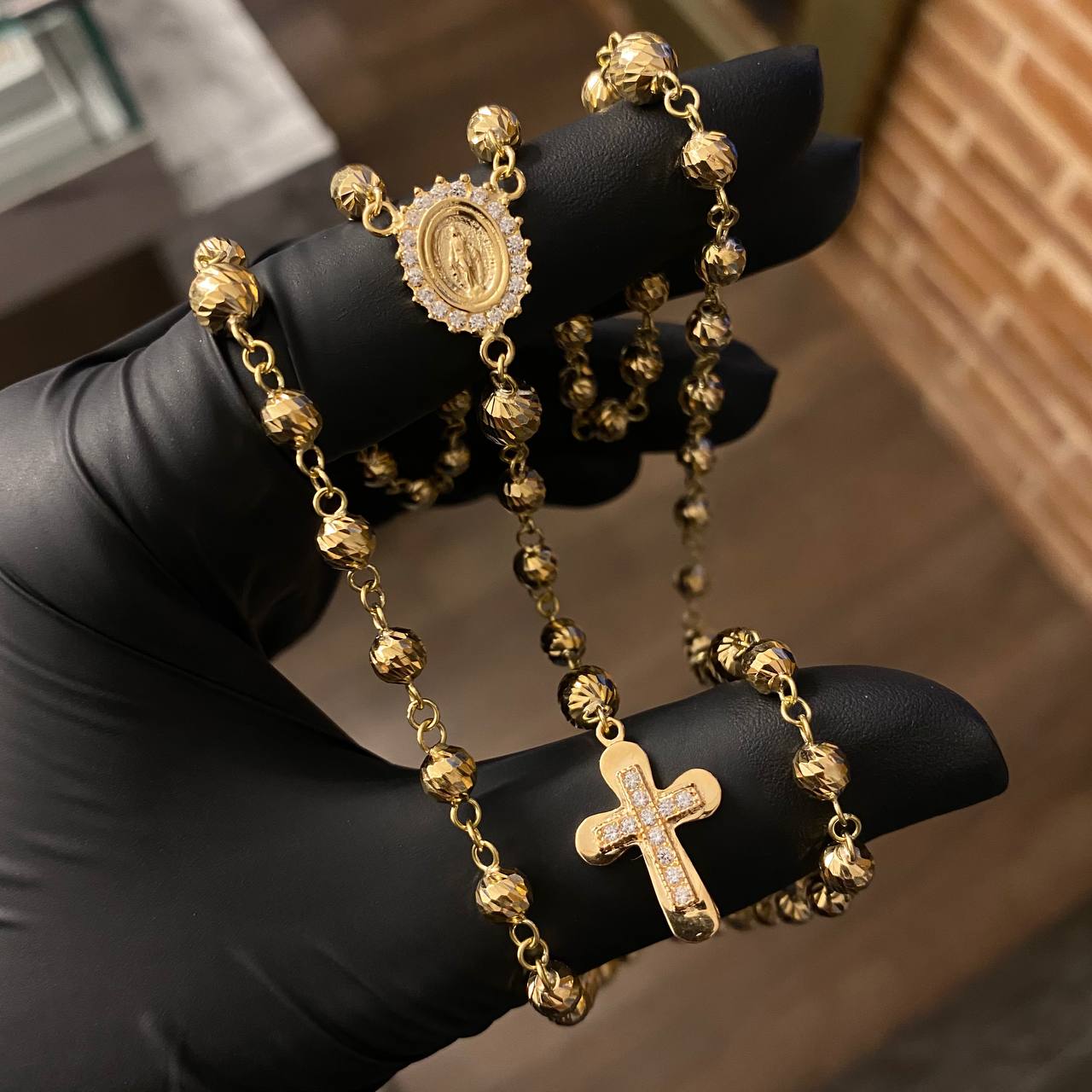 Rosario Virgen Milagrosa 19.15gr / 60cm Bola 5-6mm Diamantada Circones Blancos Oro Amarillo