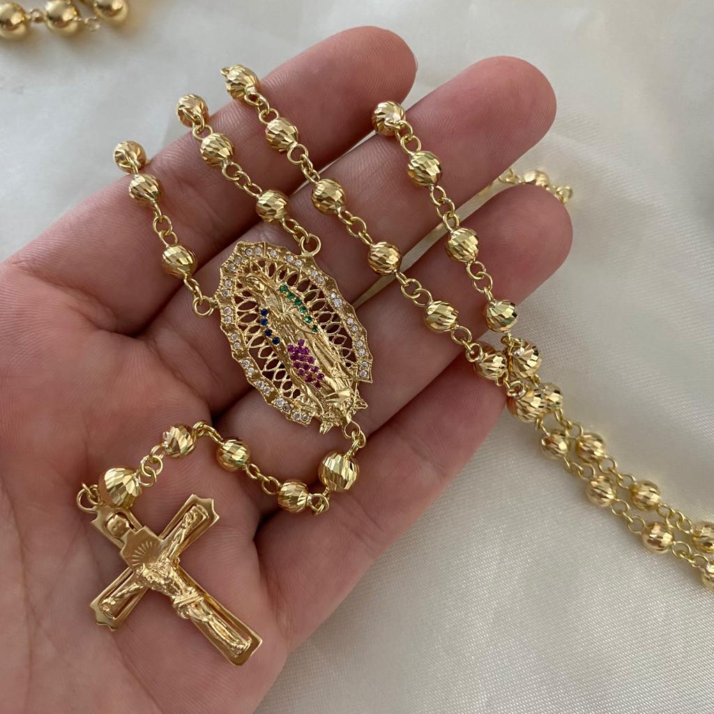 Rosario 25.8gr/65cm 5-6mm Virgen Guadalupe Bola Diamantada Circones Azules Rosas Verdes Oro Amarillo