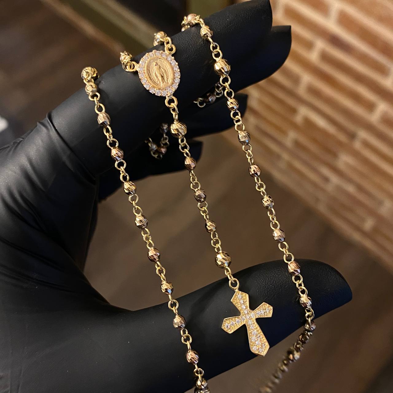 Rosario Virgen Milagrosa 10.35gr / 45cm Bola 3-4mm Diamantada Circones Blancos Tres Oros