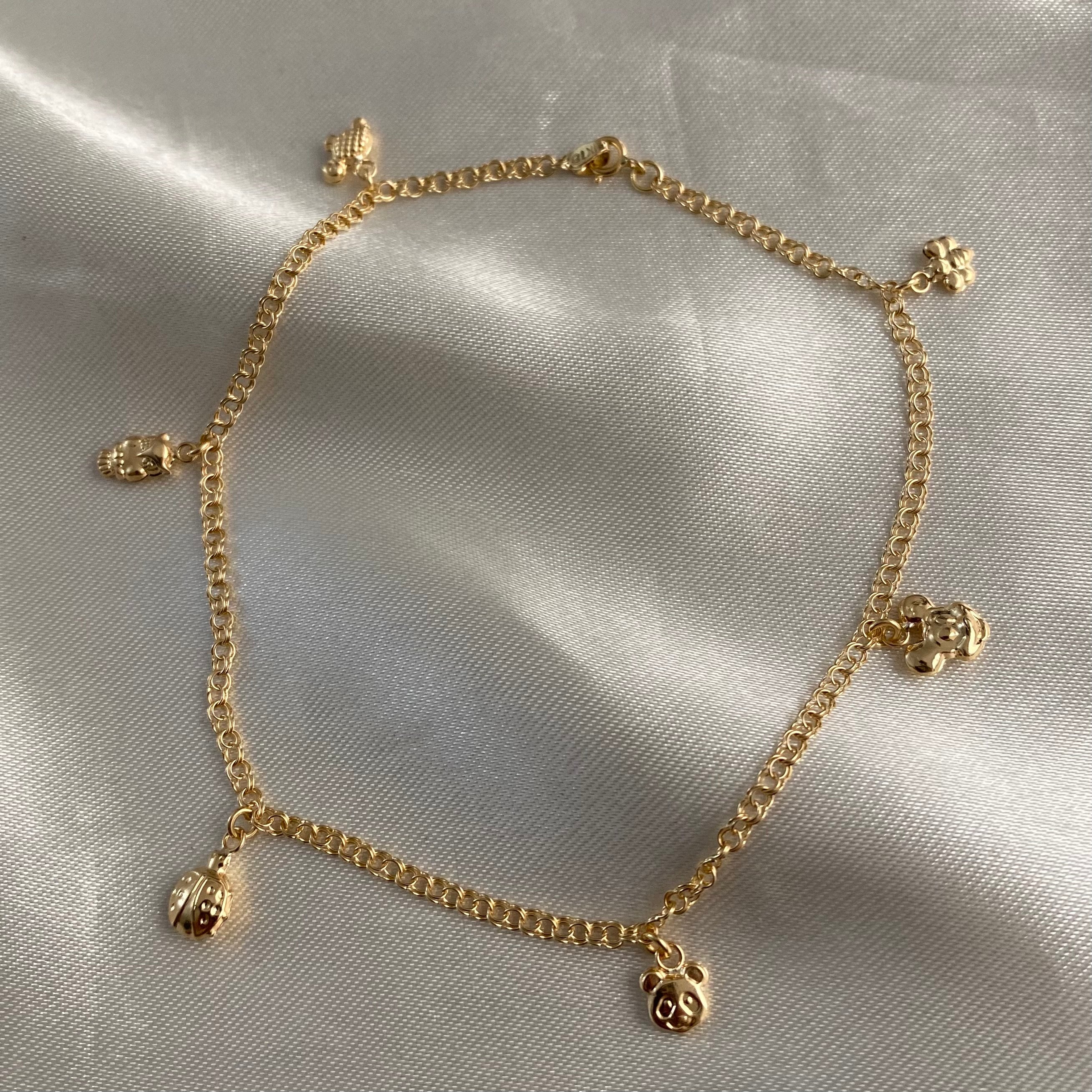 Tobillera Aro Seguido Doble 3.3gr/25cm "Abeja-Raton-Oso-Mariquita-Buho-Tortuga" Oro Amarillo