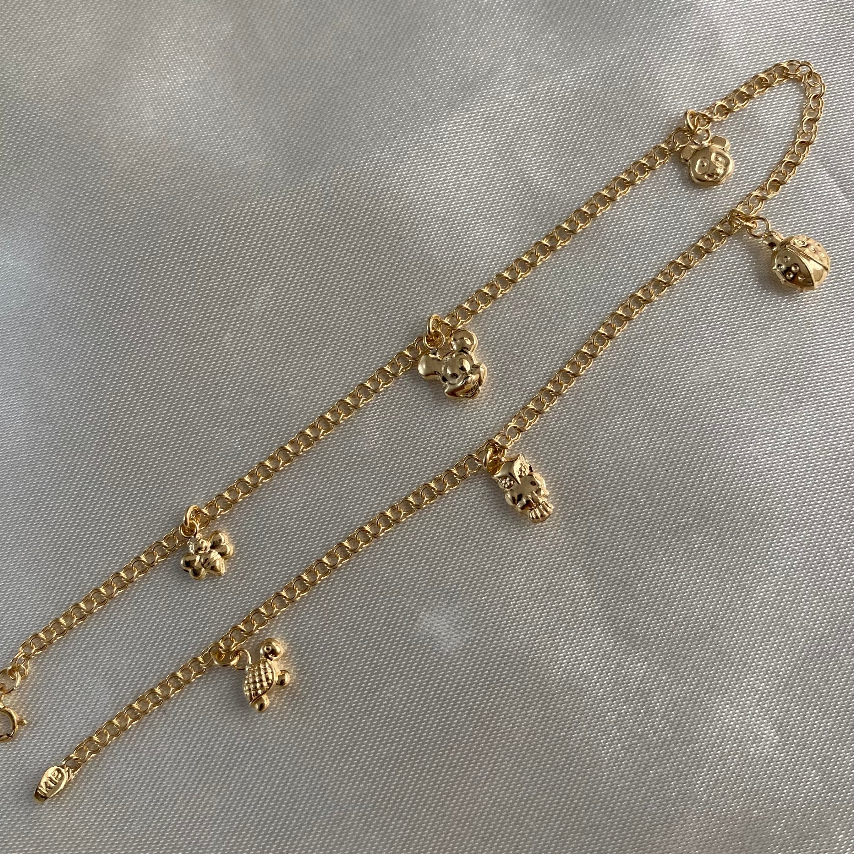 Tobillera Aro Seguido Doble 3.3gr/25cm "Abeja-Raton-Oso-Mariquita-Buho-Tortuga" Oro Amarillo