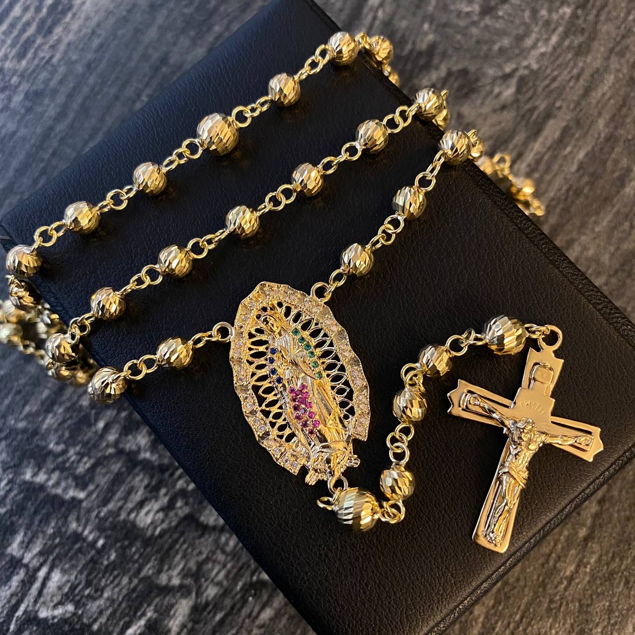 Rosario Virgen de Guadalupe 27.35gr/60cm Oro Amarillo Bolas Diamantadas*