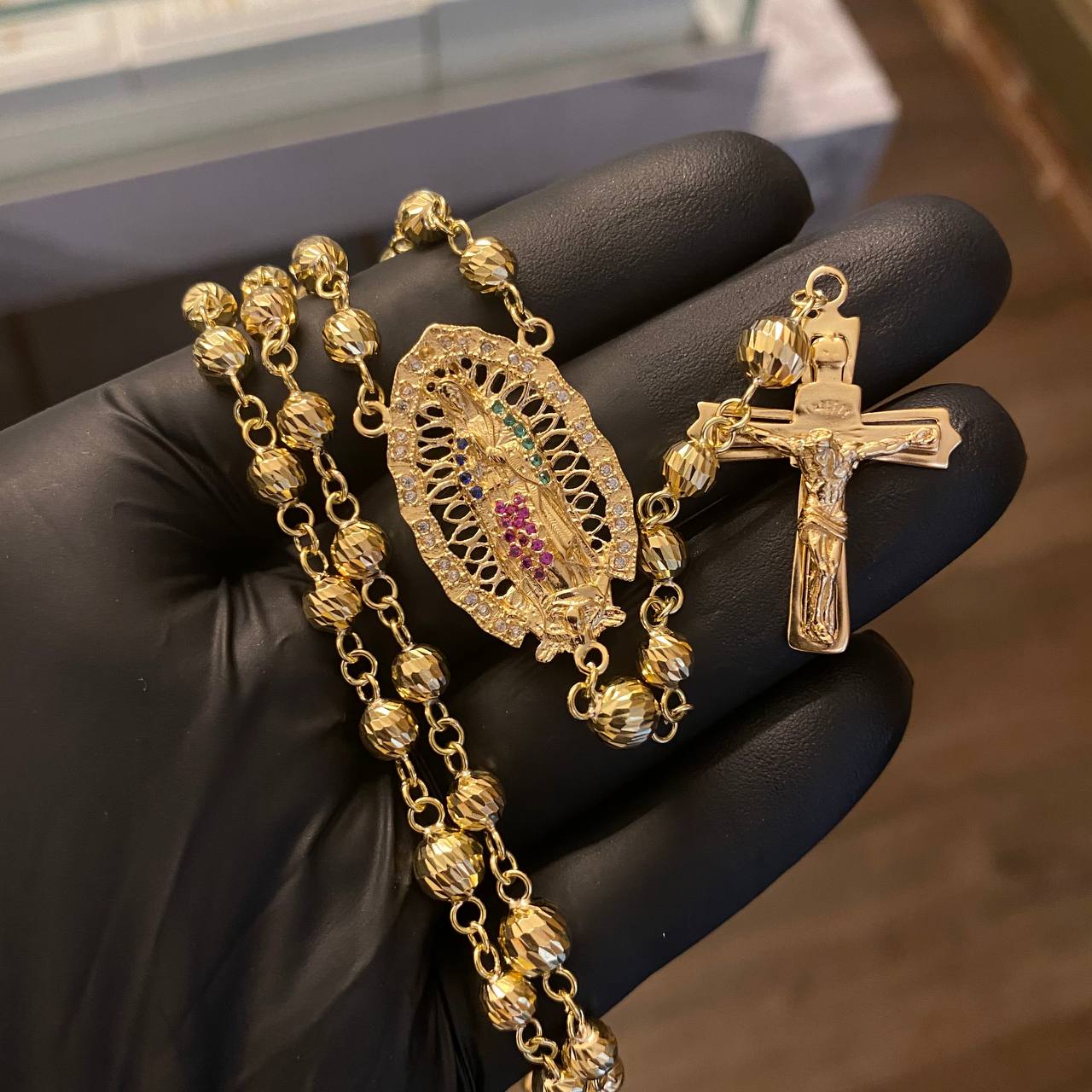 Rosario Virgen de Guadalupe 26.85gr/60cm Oro Amarillo Bolas Diamantadas