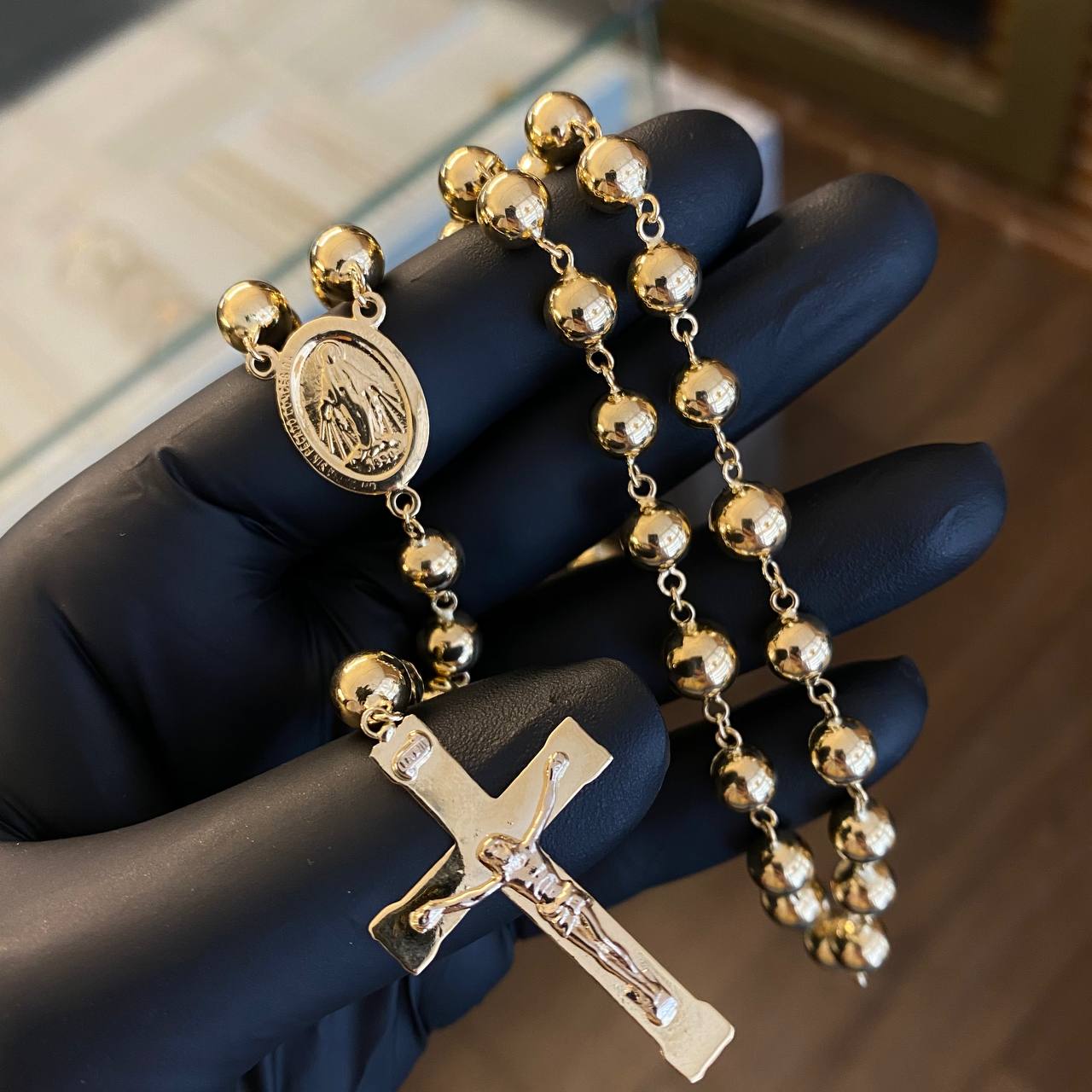 Rosario Virgen Milagrosa 36.65gr/65cm 7-8mm Bola Lisa Oro Amarillo