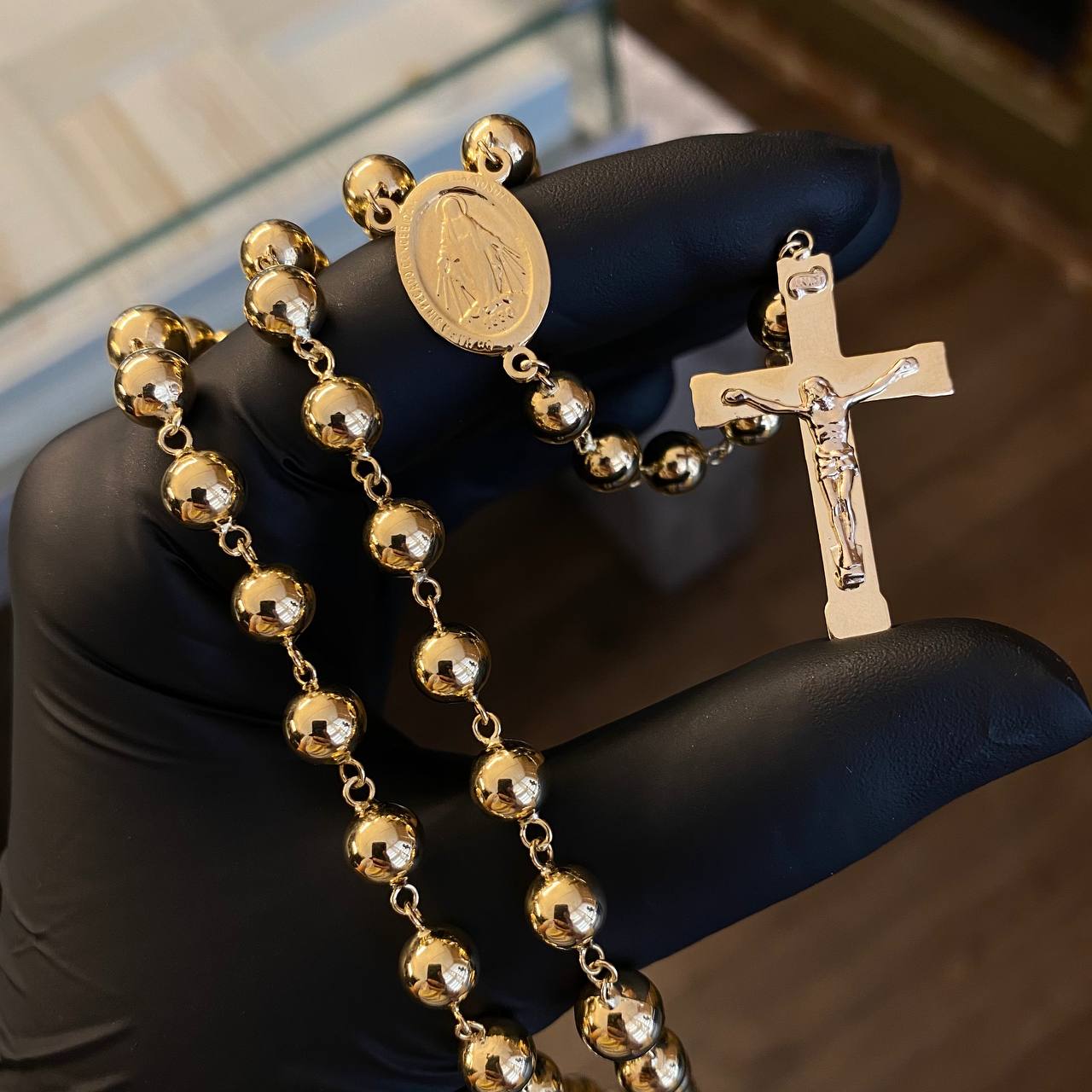 Rosario Virgen Milagrosa 36.65gr/65cm 7-8mm Bola Lisa Oro Amarillo
