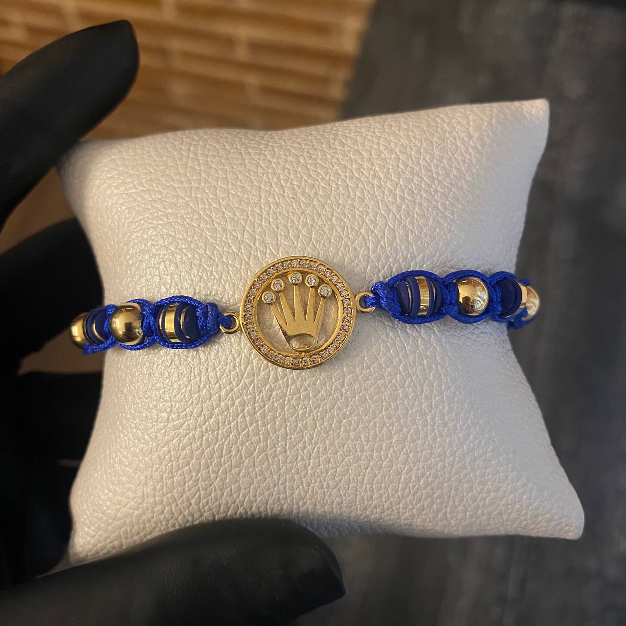 Pulsera Corona Bolas 6mm Lisas Neoros Hilo Azul Oro Amarillo*