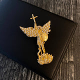 Dije San Miguel Arcangel 12.05gr / 4.7cm "Quis Ut Deus" Circones Blancos Oro Amarillo