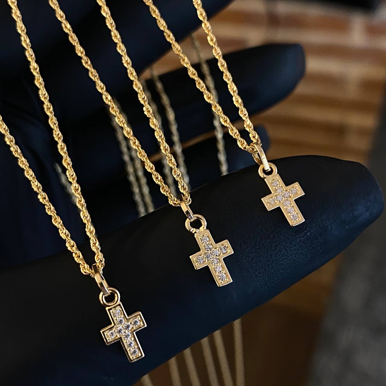 ¡¡OFERTA!! Set Cadena Lazo 0.95gr/50cm + Dije Cruz 0.4gr/1.2cm Circones Blancos Oro Amarillo