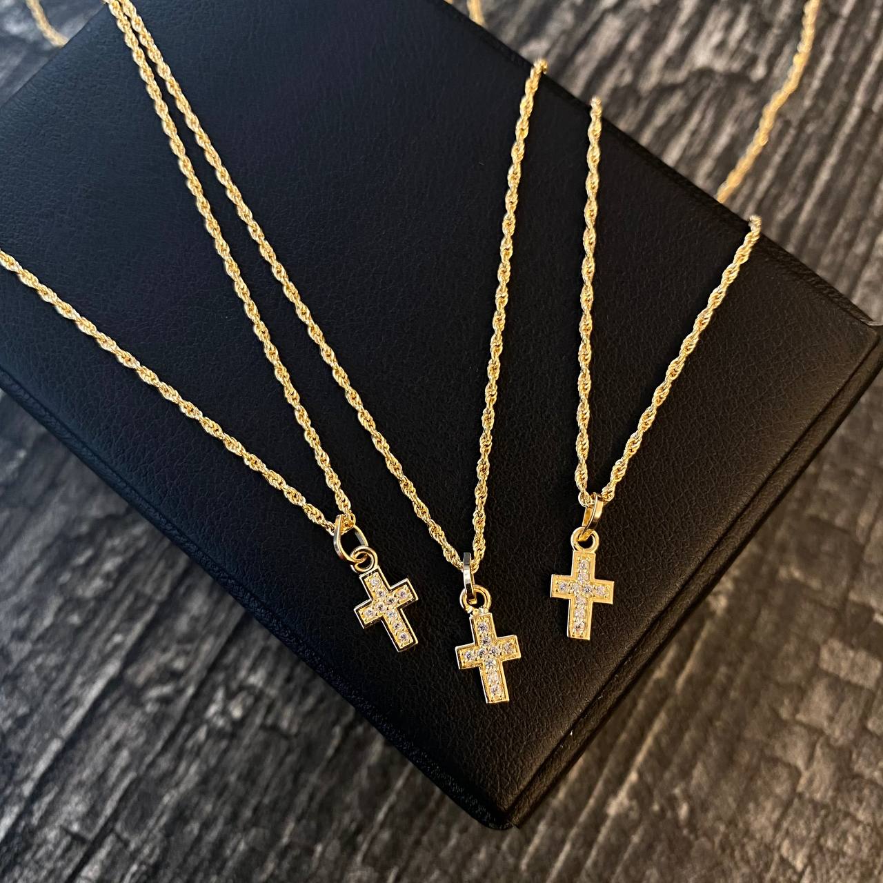 ¡¡OFERTA!! Set Cadena Lazo 0.95gr/50cm + Dije Cruz 0.4gr/1.2cm Circones Blancos Oro Amarillo