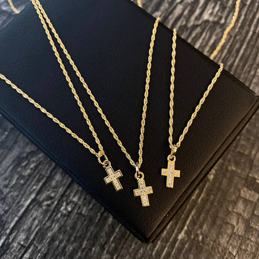 ¡¡OFERTA!! Set Cadena Lazo 0.95gr/50cm + Dije Cruz 0.4gr/1.2cm Circones Blancos Oro Amarillo