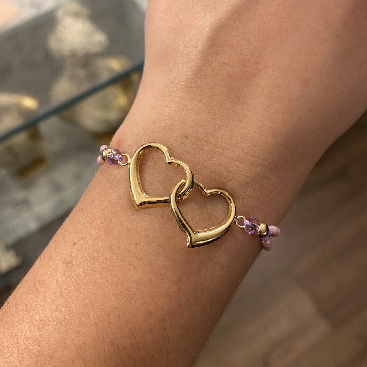Pulsera Violeta Corazones Enlazados Abrazo Pastel Bolas 4mm Lisas Oro Amarillo*