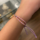 Pulsera Violeta Corazones Enlazados Abrazo Pastel Bolas 4mm Lisas Oro Amarillo*