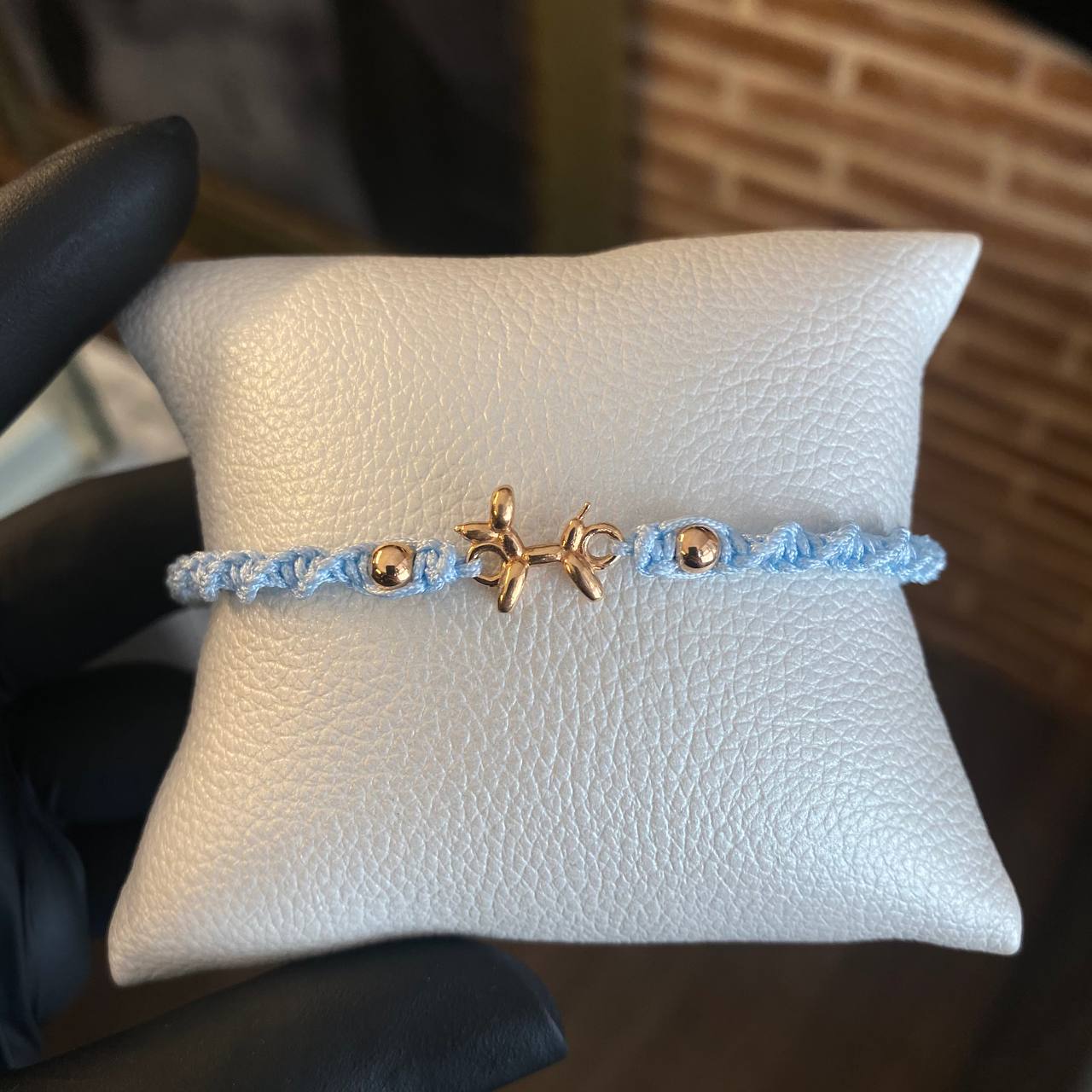 Pulsera Celeste Globo Perro Caniche Espiral Bolas 4mm Lisas Oro Rosa*