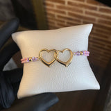 Pulsera Violeta Corazones Enlazados Abrazo Pastel Bolas 4mm Lisas Oro Amarillo*
