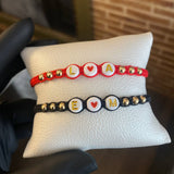 Pulsera Negra Parejas Letras Iniciales E M Bolas 4mm Lisas Oro Amarillo*