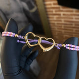 Pulsera Violeta Corazones Enlazados Abrazo Pastel Bolas 4mm Lisas Oro Amarillo*