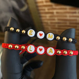 Pulsera Negra Parejas Letras Iniciales E M Bolas 4mm Lisas Oro Amarillo*