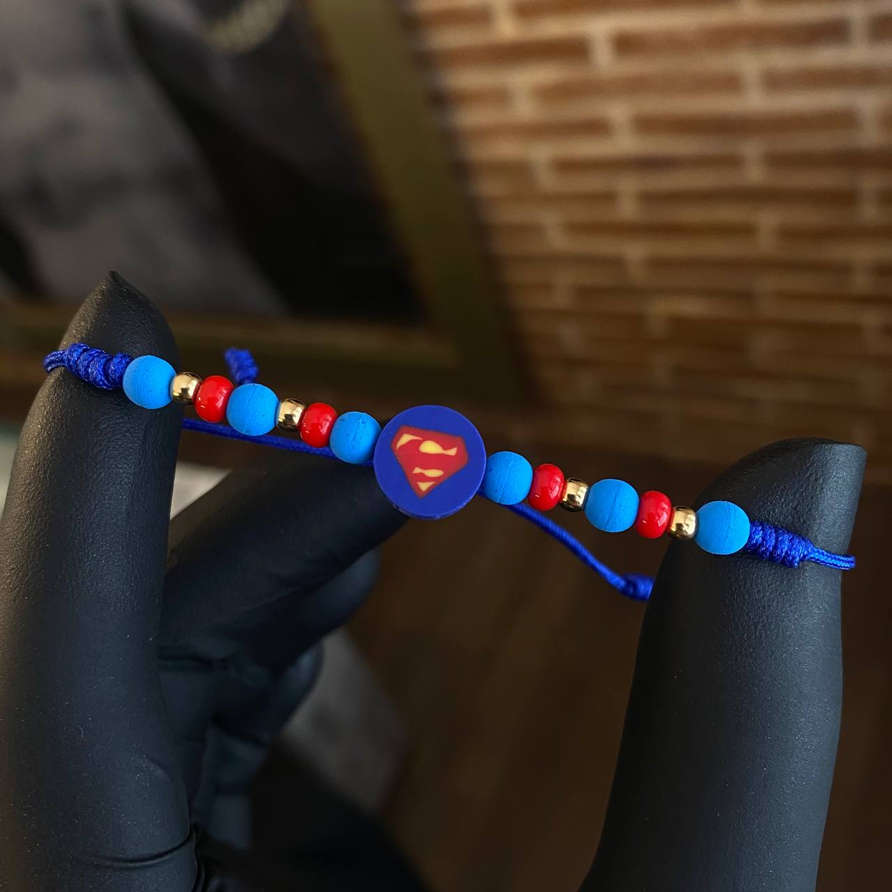Pulsera Azul Super-Man Bolas 3mm Lisas Oro Amarillo*